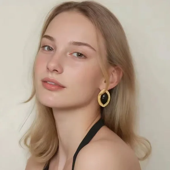 Anthropologie Black 18K Gold Stainless Steel Waterproof Oval Earrings - Picture 2 of 3